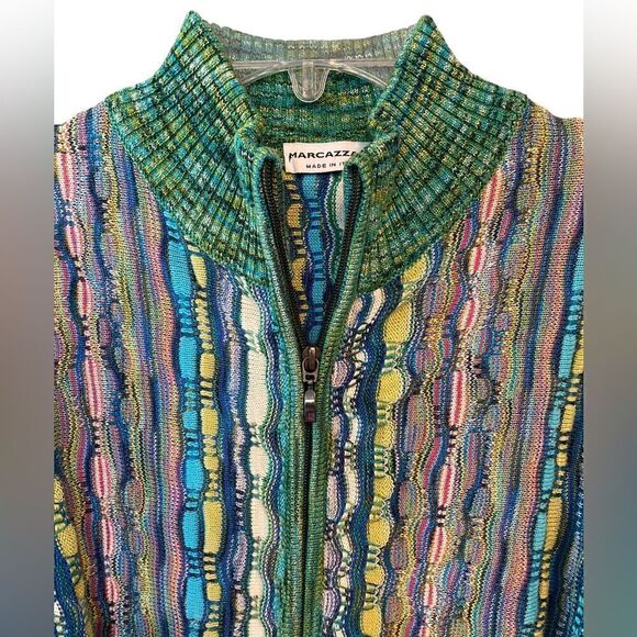 Marcazzani M* Green Yellow Multicolor Stripes Front Zipper Collar Italy Sweater - Picture 4 of 8